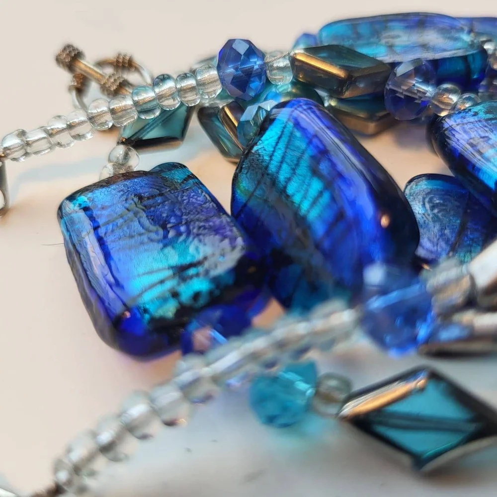 Vintage Glass Foil Bead Necklace Bracelet Set Blue Silver Tone Rectangle Beaded